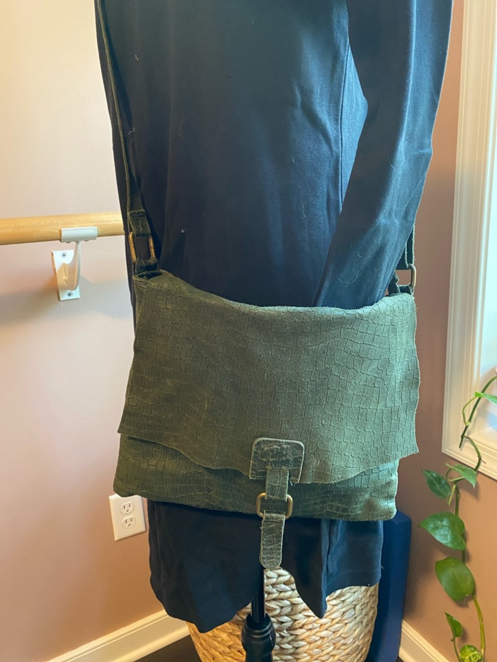 Green Textured Leather Crossbody Bag